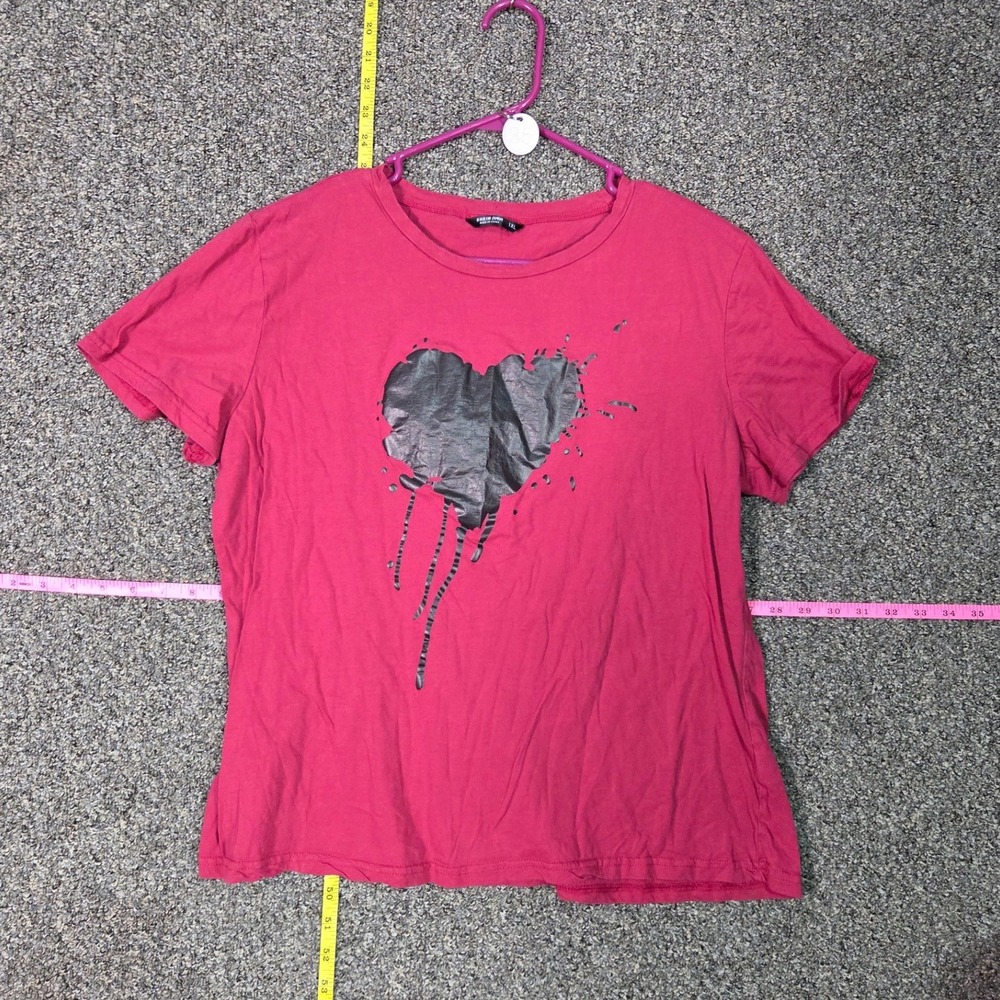 Shein Curve T-Shirt Womens 1XL Pink Metallic Dripping Heart Graphic Tee